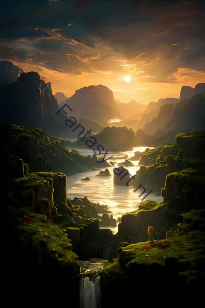 A matte painting of a sunset over a body of water in a mountain valley, golden hour, moss landscape.