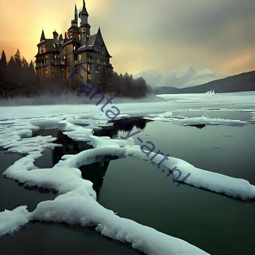 A castle sitting on top of a snow-covered field, lake house, in an icy river, german romanticism style