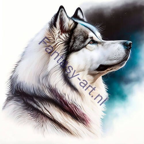 A stunning airbrush painting of an Alaskan Malamute, featuring a close-up side profile of the white wolf with blue eyes set against a serene sky background.