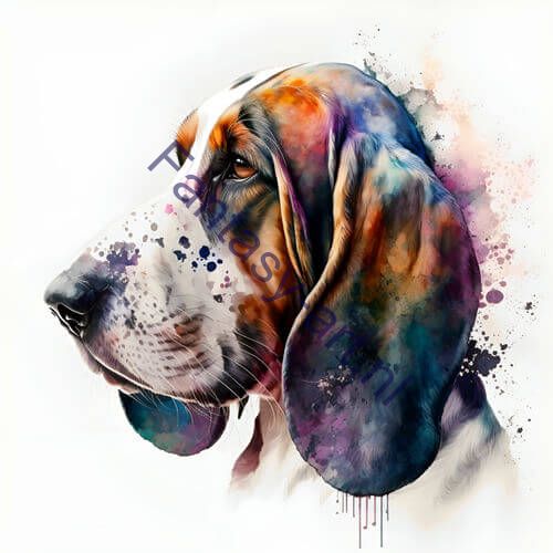 A digital art piece of a Basset Hound's face in close-up, created using a combination of watercolor and digital art.