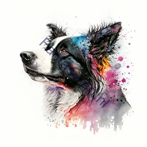 a Border Collie dog in a close-up profile, with a watercolor splash paint style