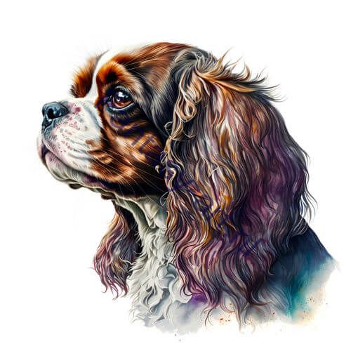 a close-up of a Cavalier King Charles Spaniel on a white background, an airbrush painting