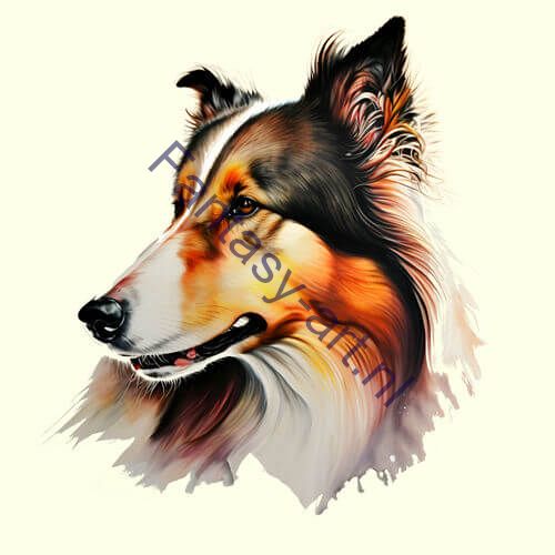a close up of a painting of a Collie, an airbrush painting