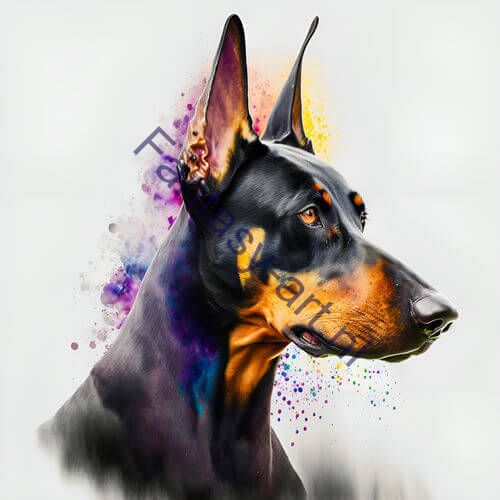 a close-up of a Doberman Pinscher with paint splatters on its face