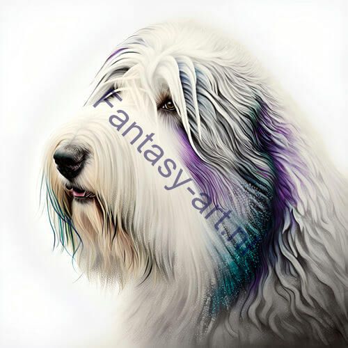 a white Old English Sheepdog with blue and purple hair, a digital painting