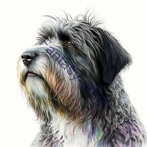 A close-up of a Schapendoes on a white background, a digital painting, colorful, highly detailed, portrait of a dog, airbrush illustration, a beautiful artwork illustration, with fluffy fur and mottled coloring, depicted in sunlight.