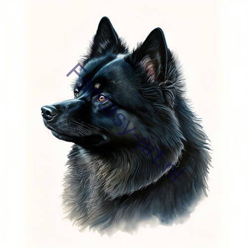 hyperrealistic airbrushed illustration of a black Schipperke with blue eyes in a smoky profile portrait.