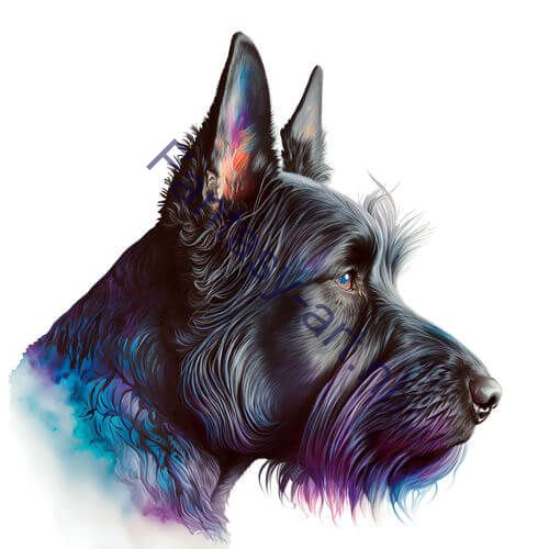 Scottish Terrier Digital Illustration: Close-up, Side Profile, Painted Portrait, Airbrush, Luminosity, Highlands of Scotland, Highly Detailed, Sharp, Menacing Look