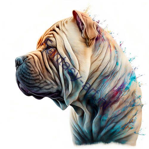 An above side view of a Shar-Pei dog rendered in mixed media style, featuring prominent wrinkles and vibrant hues, on a white background