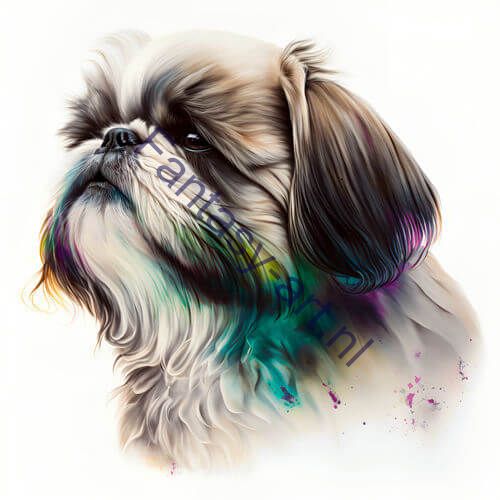 Digital art illustration of a Shih Tzu dog in close-up on a white background, featuring intricate details, vibrant colors and realistic imagery, created using airbrush painting and mixed media techniques.