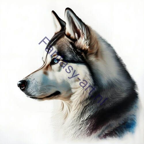 Digital art print of a realistic Siberian Husky with blue eyes in a side profile shot on a clear background, created using airbrush techniques for a blurred and dreamy effect, with realistic light and shadow for added depth and dimension.