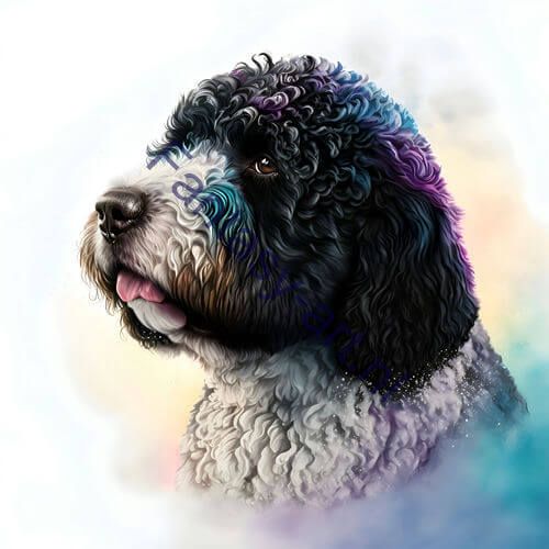 A close-up of a fluffy Spanish Water Dog on a white background, rendered in a colorful, mixed media style illustration with high detail and airbrush techniques.