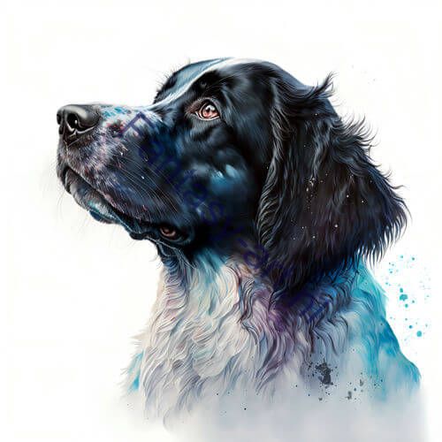 Digital art print of black and white Stabyhoun dog with blue color splash in watercolor illustration style, perfect for home decor and art collections.