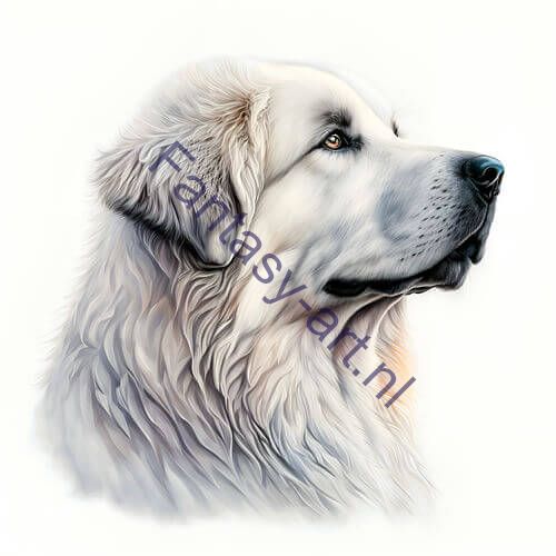 a close-up of a Great Pyrenees dog on a white background, a pastel