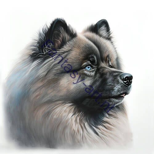 a drawing of a Keeshond with blue eyes, an airbrush painting