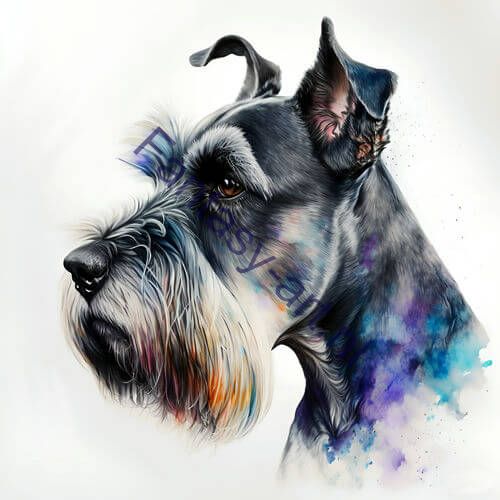 A digital painting of a Standard Schnauzer dog in a close-up on white background, created using mixed media techniques such as airbrush illustration.