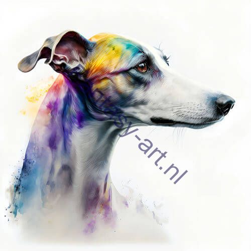 A close-up of a Whippet dog on a white background, captured in an elegant and graceful manner using airbrush and colorful ink. A true masterpiece illustration.