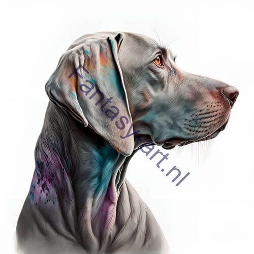 A close-up of a Weimaraner's face on a white background, featuring pastel colors, airbrushing and color splash technique for an elegant and striking digital painting.
