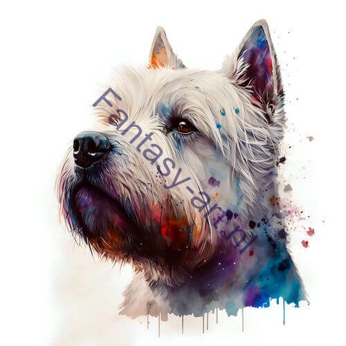 A close-up of a West Highland White Terrier in an airbrush watercolor painting, with spiky white coat and highly detailed colors. A timeless piece of art from a Scottish artist.