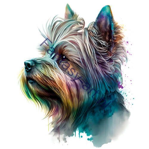 A digital painting of a Yorkshire Terrier in a close-up quarter view, featuring sharp high detail, vibrant colors and a blurred dreamy effect.