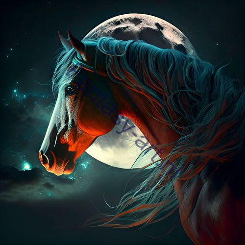 Fantasy Horse digital painting concept art with full moon in the background, expertly rendered in vector art and realistic 3D, creating a unique and beautiful illustration.