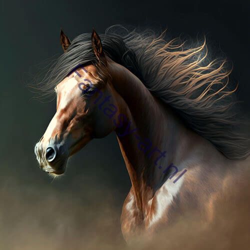 A close-up of a Bay horse with detailed, flowing brown hair rendered in digital painting using vector art, airbrush illustration and oil painting techniques. The background is intentionally blurred to draw attention to the horse.