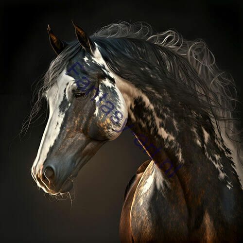 Digital painting of a Varnish Roan horse in a close-up, dappled in evening light with swirling black hair, gleaming silver and rich colors - a realistic and detailed illustration
