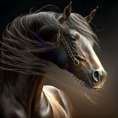 A digital rendering of a Dark Bay horse with long black mane and golden dapples, against a dark background with dynamic lighting