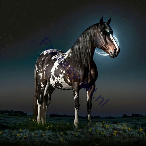 A photo of a tobiano stallion standing in a lush meadow, under a full moon with stars and a bright sky. The horse is in a majestic and baroque-inspired pose.