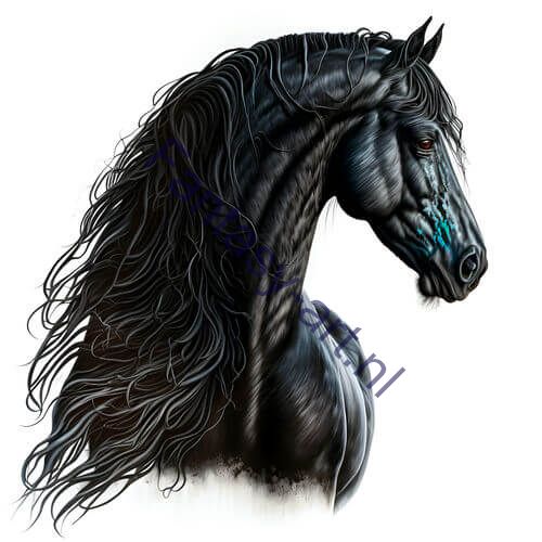Baroque fantasy art digital painting of a black Frisian horse, isolated on a white background, with ornate details and high-detail airbrush illustration capturing the movement and grace of the animal.
