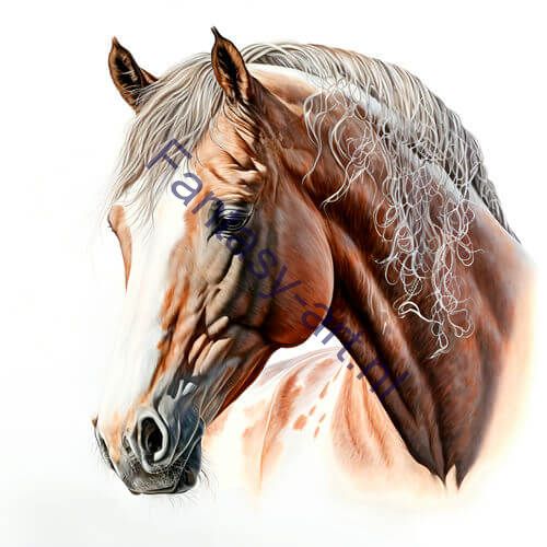 A close-up of a sorrel horse's head in a beautiful airbrush painting on a white background