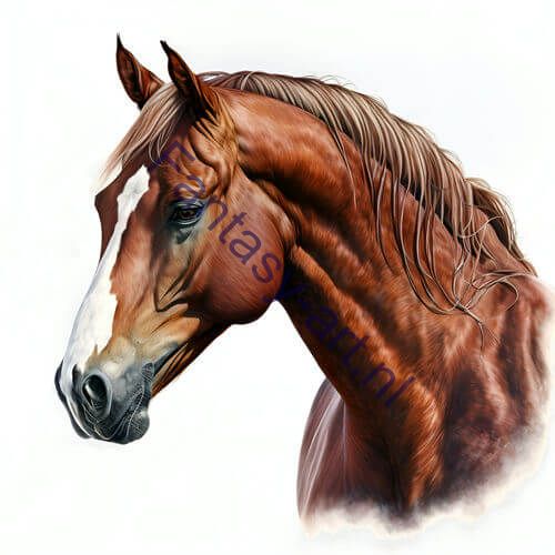 A close-up of a beautifully painted chestnut horse's head on a white background, showcasing the realism of the airbrush illustration and the high detail of the digital painting.