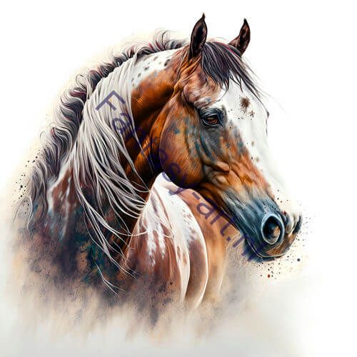 A close-up of a Spotted Pinto horse in an artistic pose with a realistic look and a mesmerizing mottled coloring, captured in an airbrush painting on a clear background.
