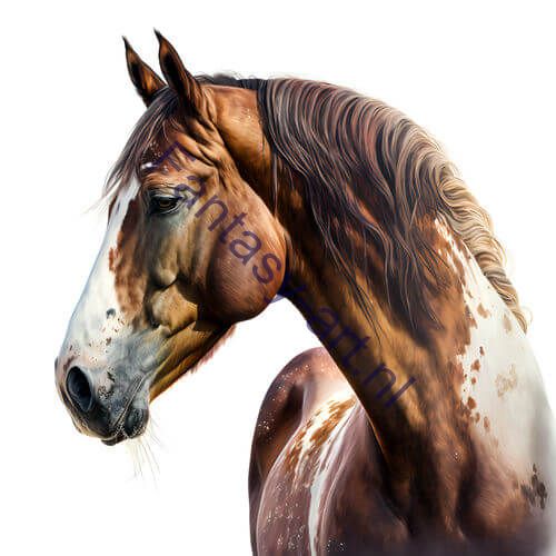 A close-up airbrush painting of a brown and white spotted pinto horse on a white background. The horse has intricate spotted details and is captured in full-color