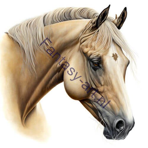A close-up of a beautiful Palomino horse head against a white background, featuring intricate and delicate details in an airbrush painting style.