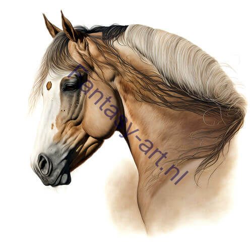 A close-up portrait of a cream-colored horse's head set against a white background, painted with an airbrush technique to create a fully colored, high-detail illustration.