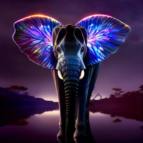 Large elephant standing serenely beside a body of water with butterfly lighting in vivid colors for a trippy black light effect
