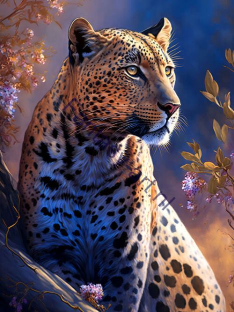 A painting of a leopard sitting on a tree branch with intricate details and a sapphire background