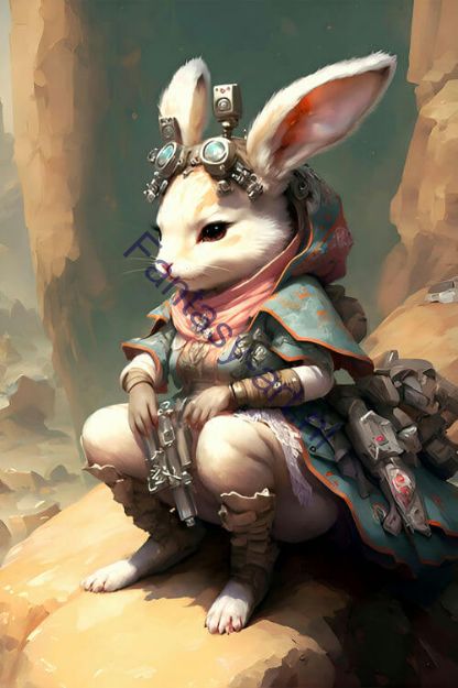 Bunnypunk fantasy portrait featuring a white rabbit in intricate fur armor holding rifles in a sand desert fantasy world