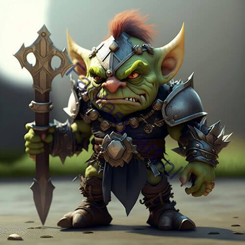 Fantasy art illustration of a cute little goblin character holding a sword with an intimidating expression, in full color.