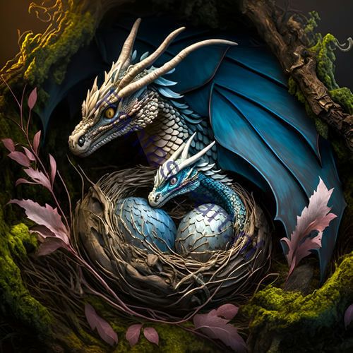 A close up of a blue dragon in a nest, rendered in full-color and perfect for use as an avatar image or in a card game.