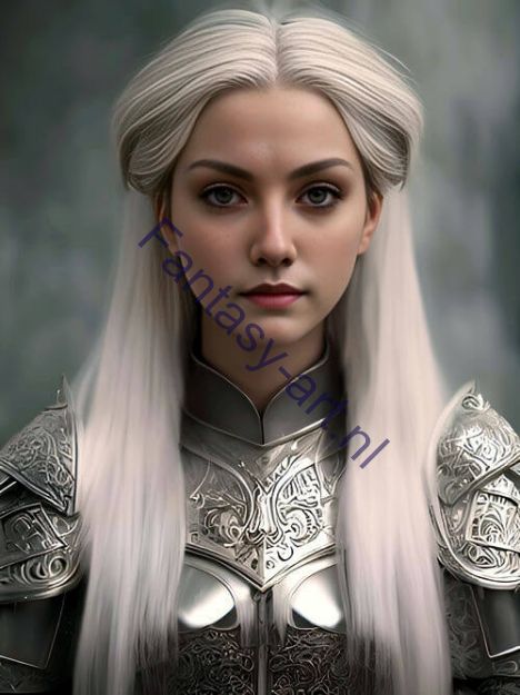 Warrior Princess with long white hair wearing armor.