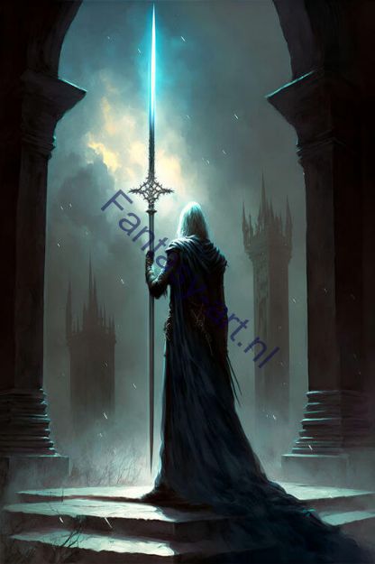 Fantasy art painting of a dark elf man holding a sword in front of a gothic castle, with long white hair, in an Elden Ring style, creating a dark ominous mood.