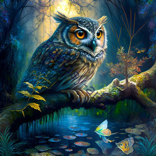 A highly detailed airbrush painting of an owl sitting on a tree branch in a mystical forest lagoon