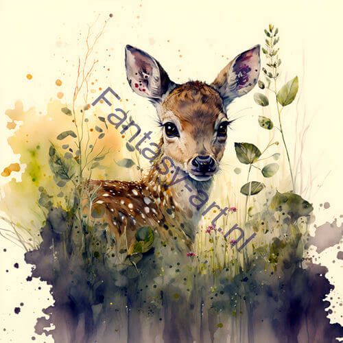 Serene watercolor painting of a fawn in the grass with highly detailed composition on canvas.