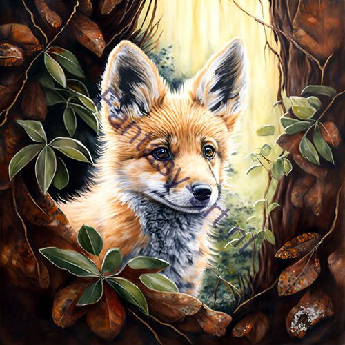 Close-up of an airbrush painting of a fox hiding behind foliage in the woods with a bashful expression and lush scarlet fur
