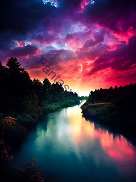 : A photograph of a river flowing through a forest with a sunset in the background casting brilliant colors of mauve, cinnabar, cyan, blue, and scarlet into the sky. The river appears like a stream of blue fire.