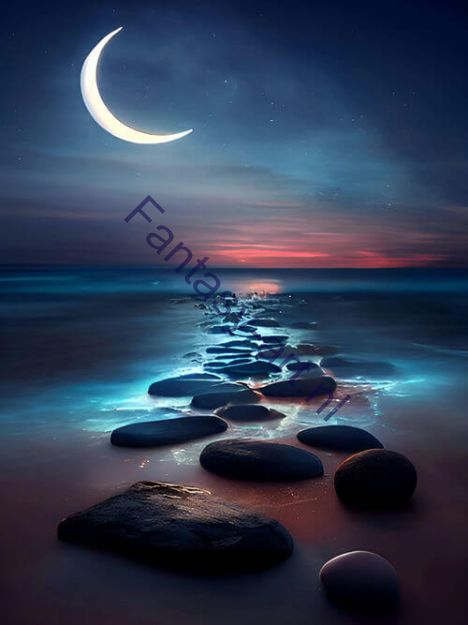 A group of rocks on a beach, illuminated by moonlight and set against the tranquil ocean. A pathway and small steps lead down to the shoreline, creating a sense of depth and perspective.