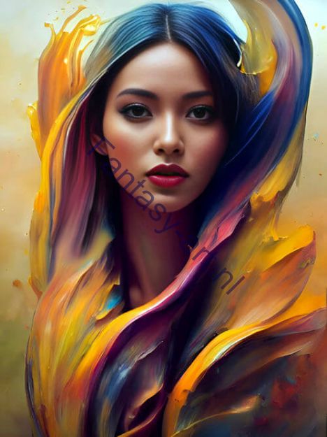 A digital painting of a beautiful yellow Asian girl with rainbow-colored hair, created using airbrush techniques and 8k post-processing for a stunning, abstract and visually appealing masterpiece.