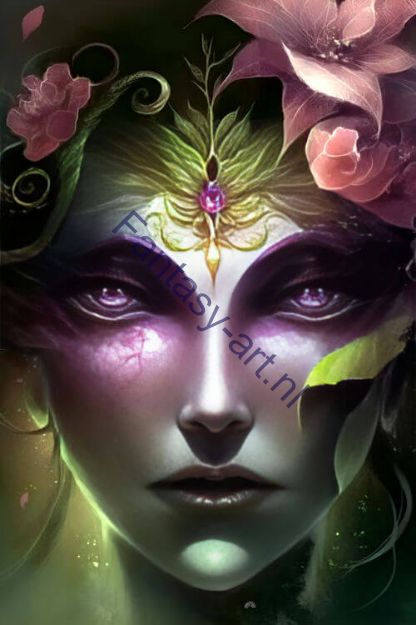 A fantasy art portrait of Morgana from League of Legends with glowing magenta face, flowers in her hair, and inspired by the Empress tarot card.